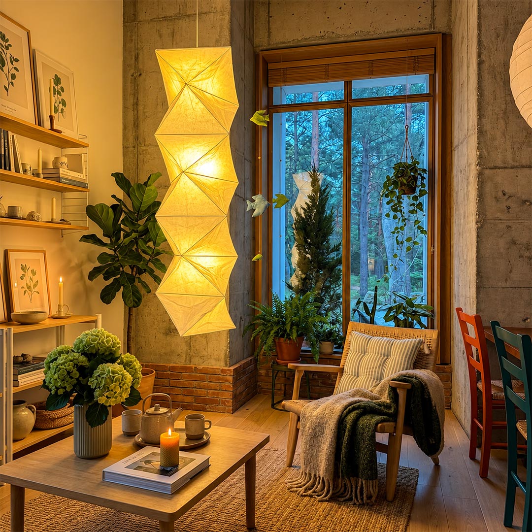Warmly glowing Washi Paper L8 Lantern Lamp adds a cozy ambiance to a plant-filled eclectic living room at night by Stuber Lighting.
