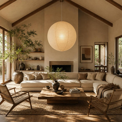 Artistic pleated paper pendant light, a creative handmade fixture ideal for living room, dining area, and bedroom atmosphere."