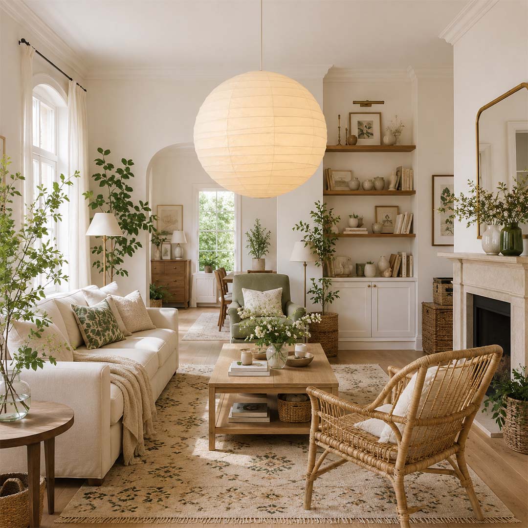 Three spherical paper lantern ceiling lights hanging at different heights, illuminating a spacious modern living room with warm light.