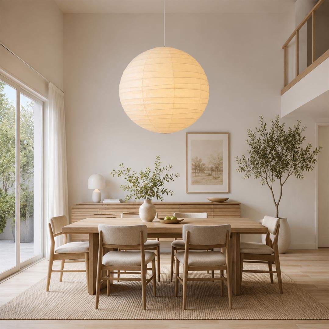 A pair of spherical paper lantern ceiling lights illuminating a wooden dining room table set with warm light, cozy home interior.