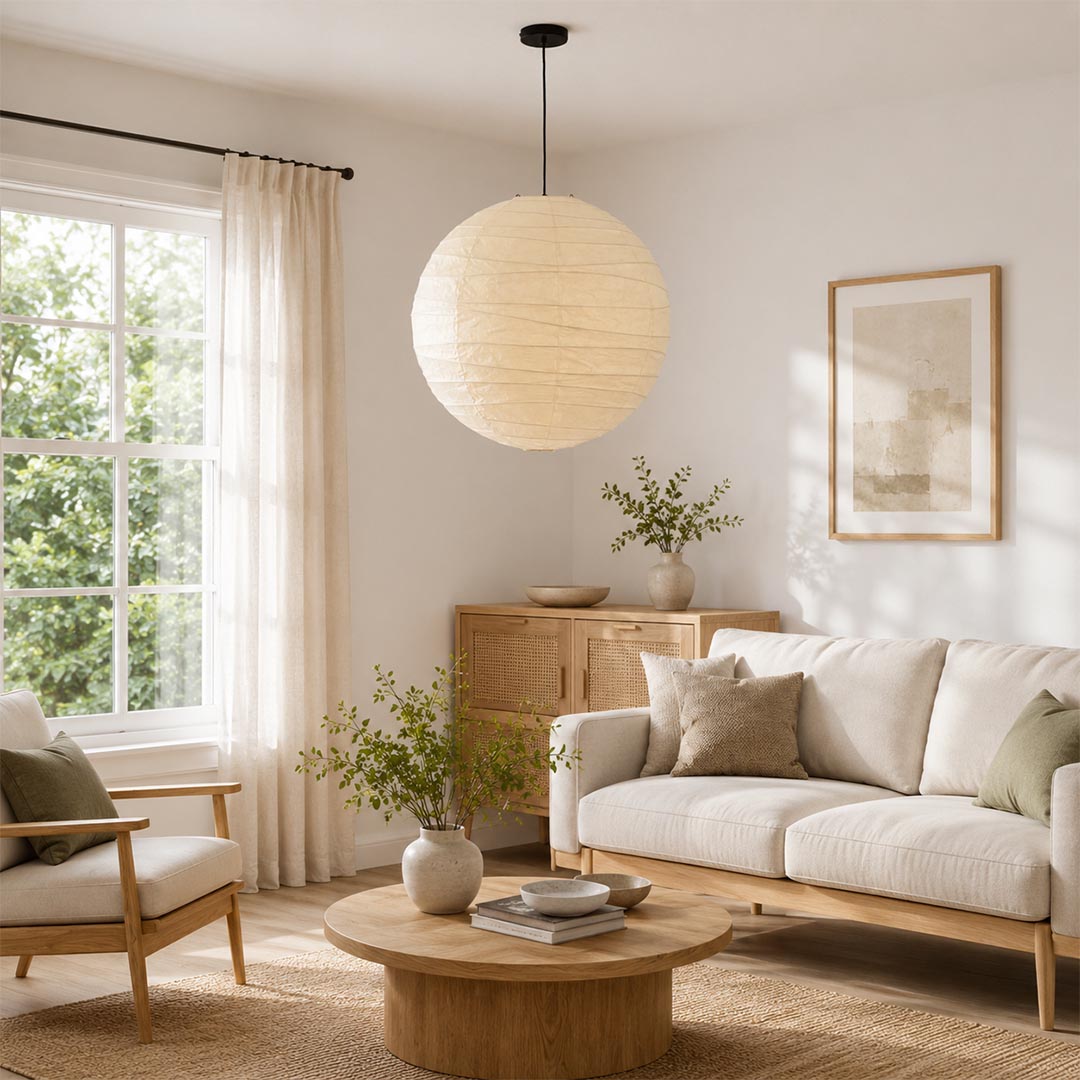 Luxury Japandi living room featuring a multi-light paper globe chandelier cluster over a neutral seating area, styled with warm cream tones and a classic fireplace.