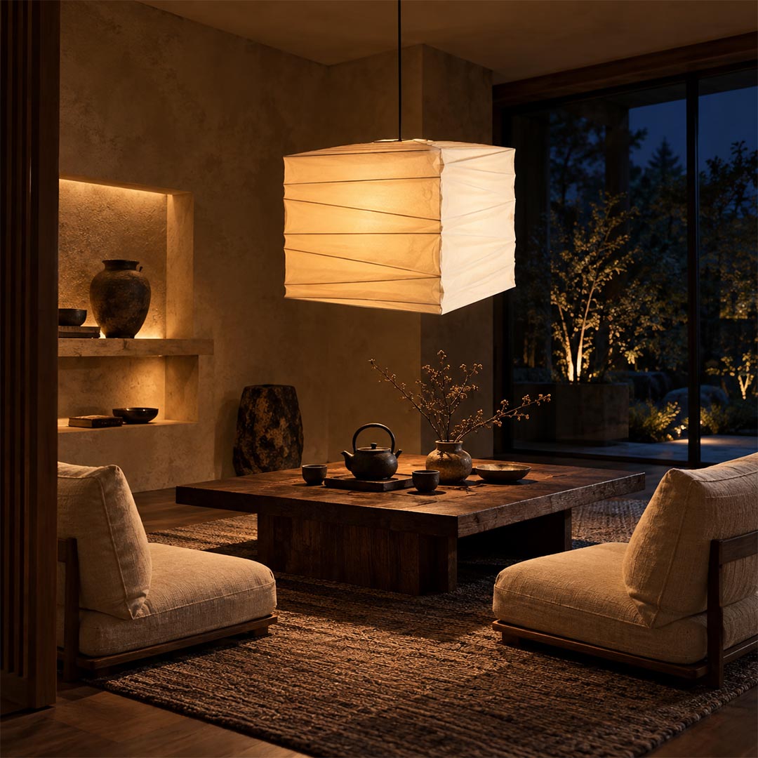 Warm ambient glow of a washi paper square cube pendant light in a cozy dark Japanese style low seating lounge