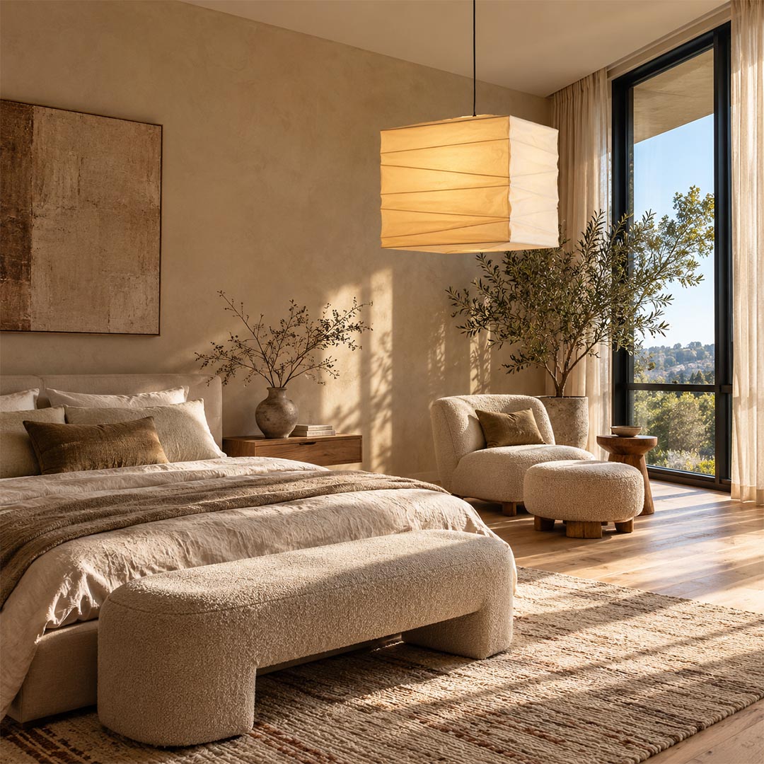 Japanese style washi paper square cube pendant light illuminating a bright minimalist bedroom with natural sunlight