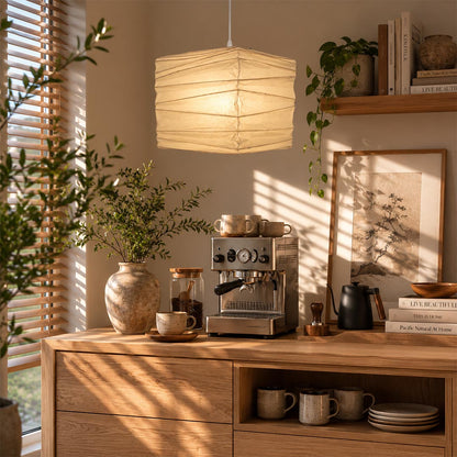 Organic modern Washi Paper lantern lamp hanging over a rustic kitchen coffee station and cabinet by Stuber Lighting.