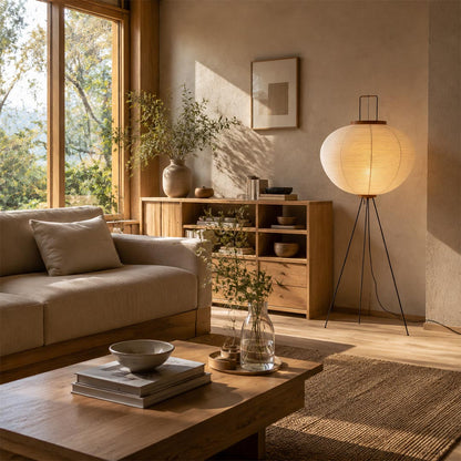 Washi paper tripod floor lamp styled in a bright minimalist living room with wooden furniture