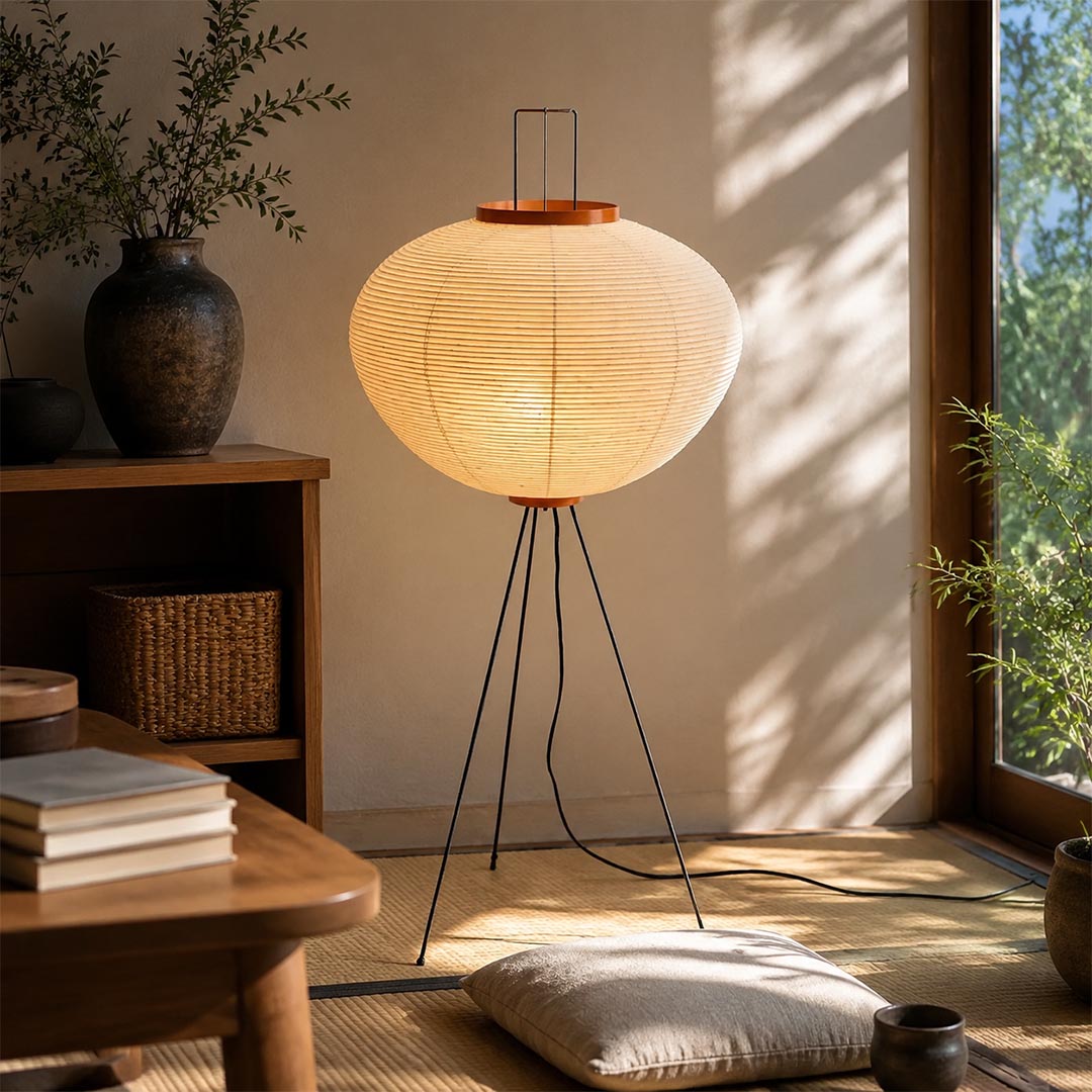 Japandi style living room featuring a illuminated washi paper tripod floor lamp
