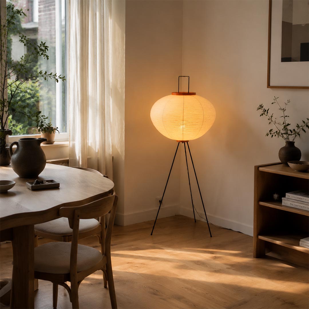 Washi paper tripod floor lamp creating soft ambient light in a minimalist dining area
