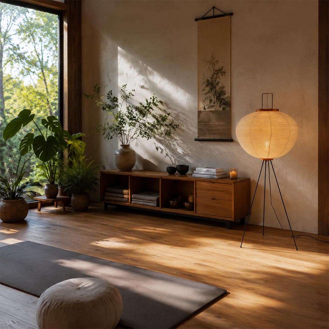 Washi paper tripod floor lamp placed near a window in a serene cozy living room setting