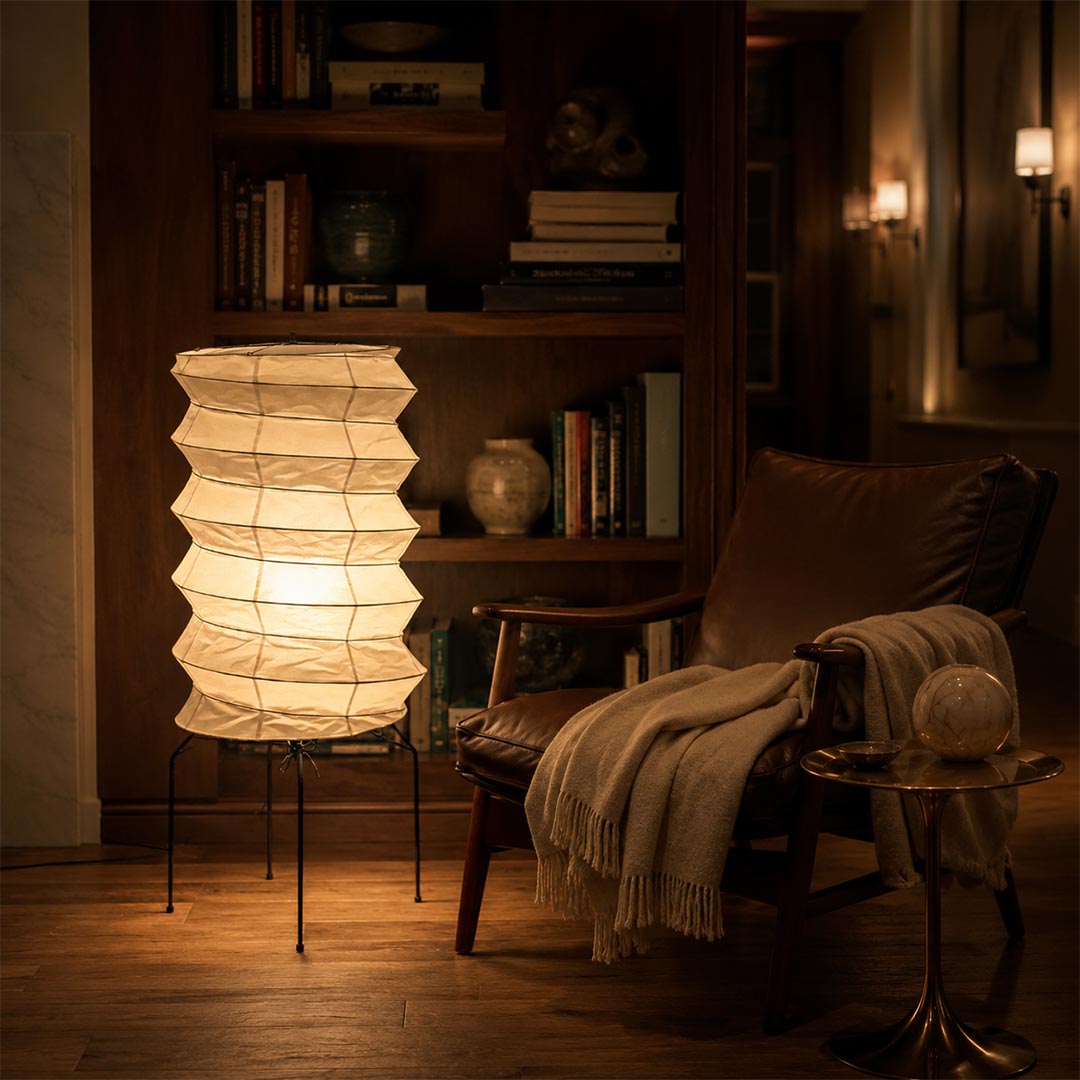 Warmly glowing Japanese style Washi Paper UF2-31N Lamp creating an intimate mood in a vintage home library by Stuber Lighting.
