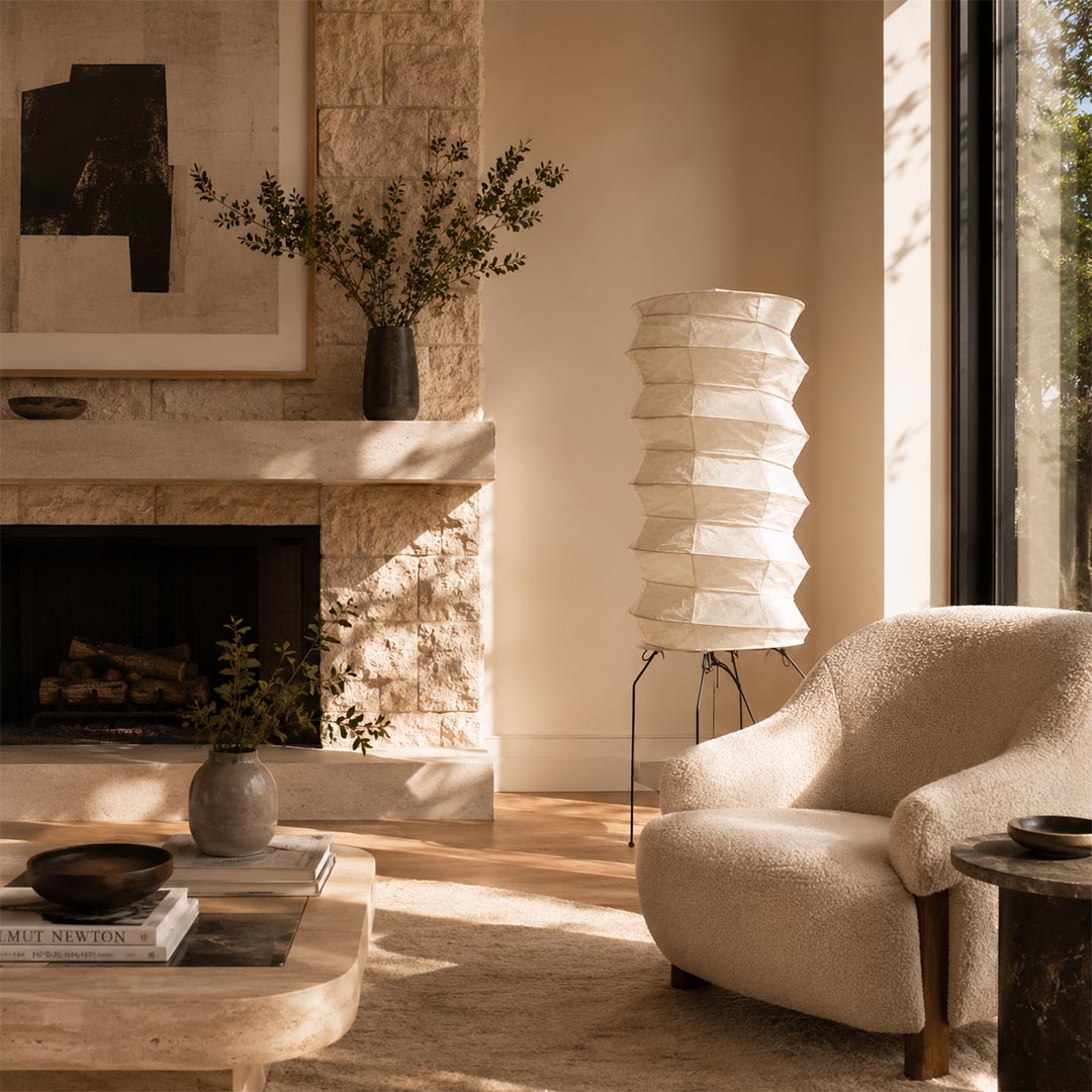 Washi Paper UF2-31N Table Lamp illuminating a cozy lounge corner next to a modern stone fireplace by Stuber Lighting.