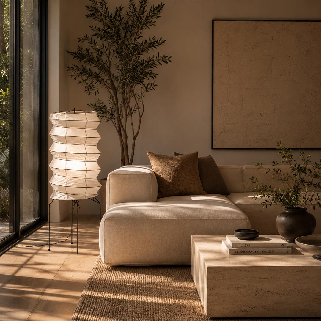 Sunlit interior showcasing an organic modern Washi Paper UF2-31N Lamp next to a low wooden coffee table by Stuber Lighting.