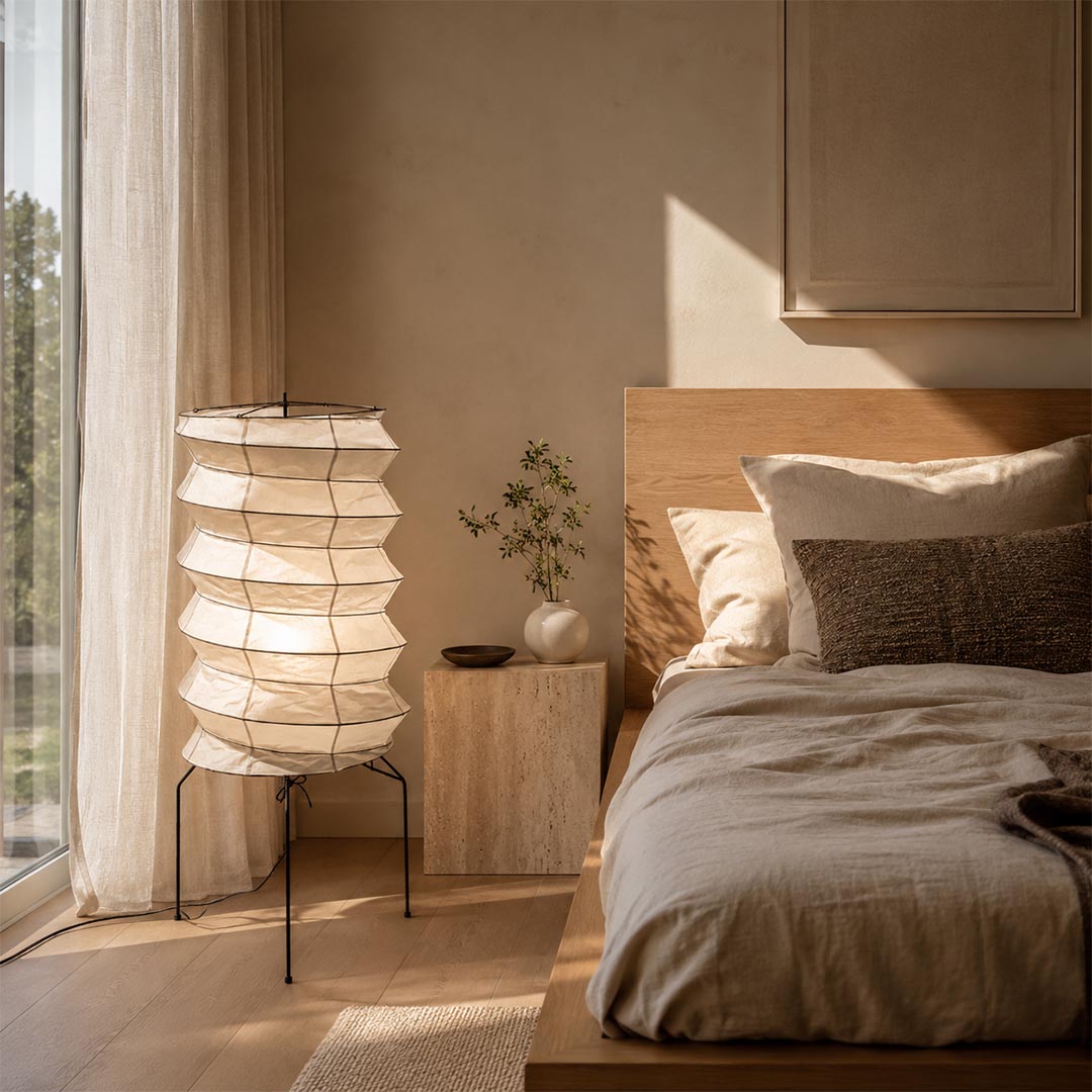 Relaxing bedroom atmosphere created by a tall layered Washi Paper UF2-31N Table Lamp beside a wooden platform bed by Stuber Lighting.