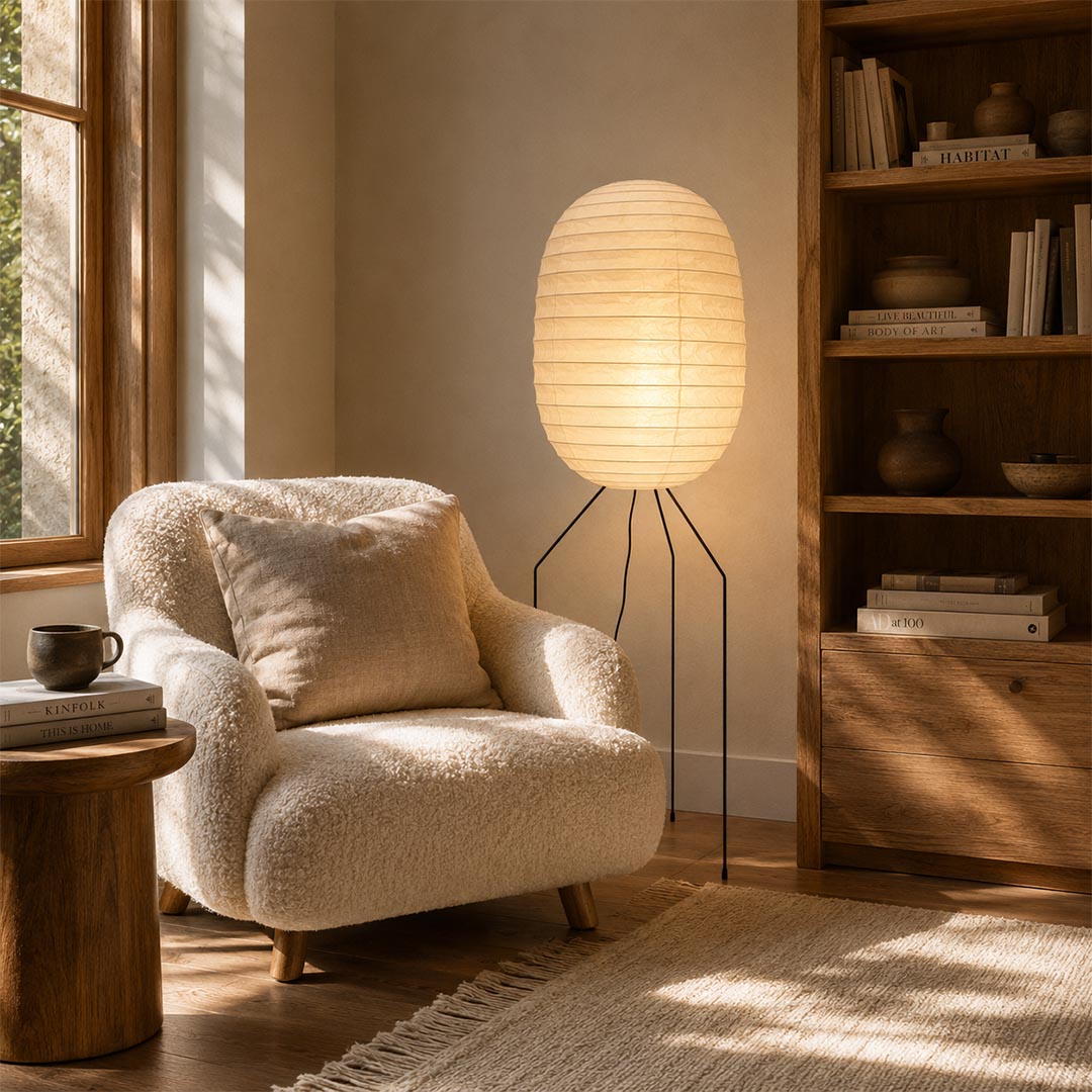 A tall Washi Paper UF3-DL Floor Lamp lighting up a cozy reading corner with a boucle armchair and a wooden bookcase by Stuber Lighting.