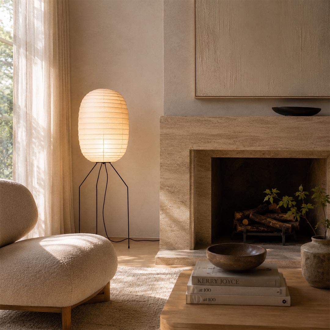 Washi Paper UF3-DL Floor Lamp illuminating a cozy corner next to a minimalist fireplace in a Wabi-Sabi living room by Stuber Lighting.