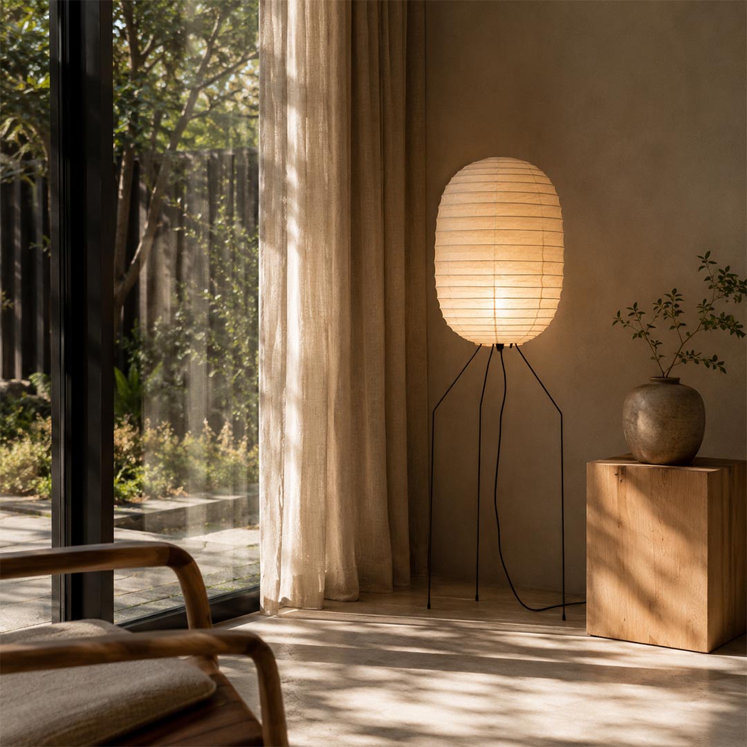 Washi Paper UF3-DL Floor Lamp placed by a massive glass door overlooking a scenic green forest view by Stuber Lighting.