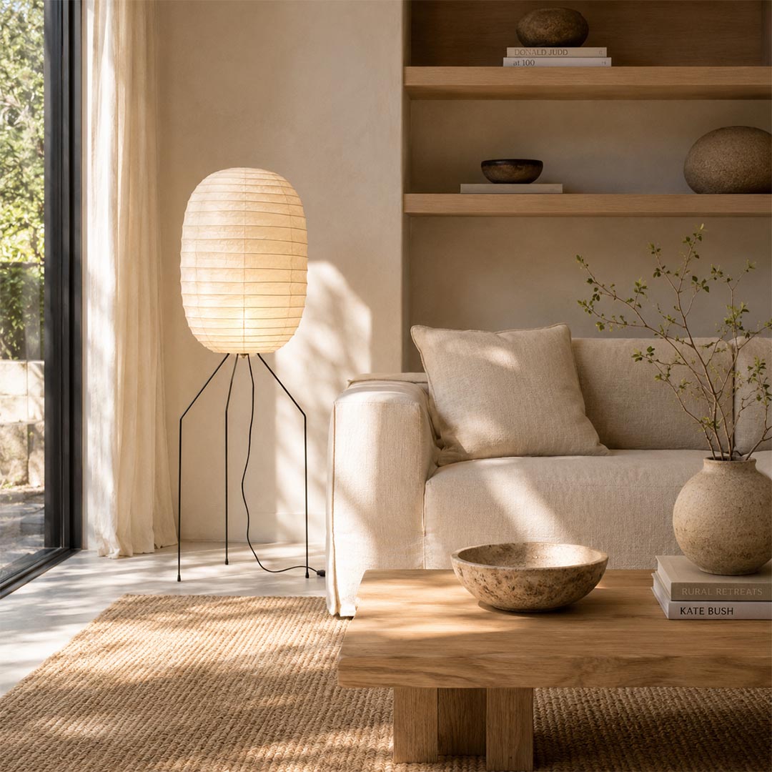Soft ambient glow from a Washi Paper UF3-DL Floor Lamp next to a neutral fabric sofa in an organic modern home by Stuber Lighting.