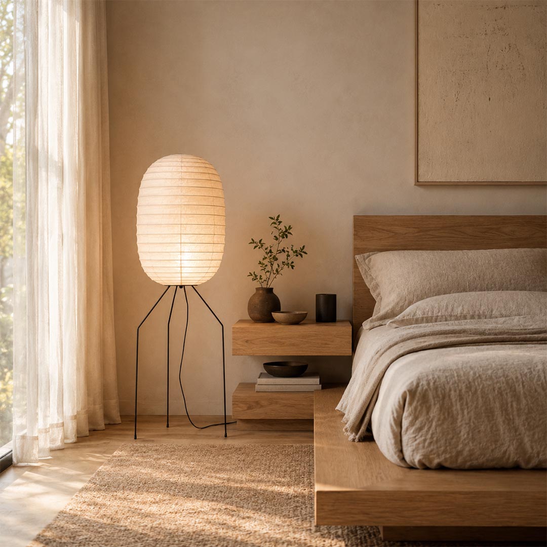 Elegant Japanese style Washi Paper UF3-DL Floor Lamp standing by a wooden platform bed as a warm bedside light by Stuber Lighting.