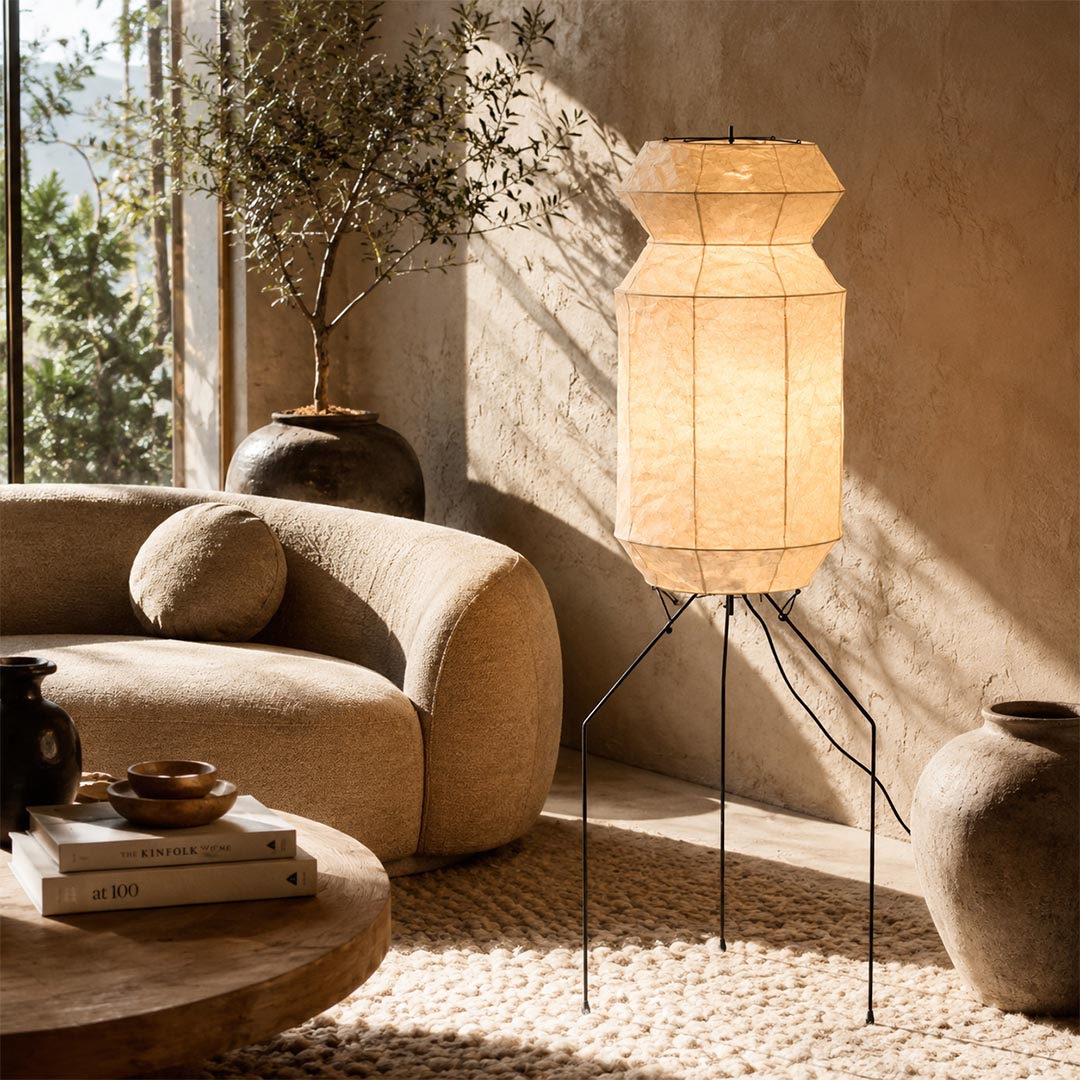 Minimalist Washi Paper UF3-L6 Floor Lamp completing an organic modern living room design with a curved sofa by Stuber Lighting.