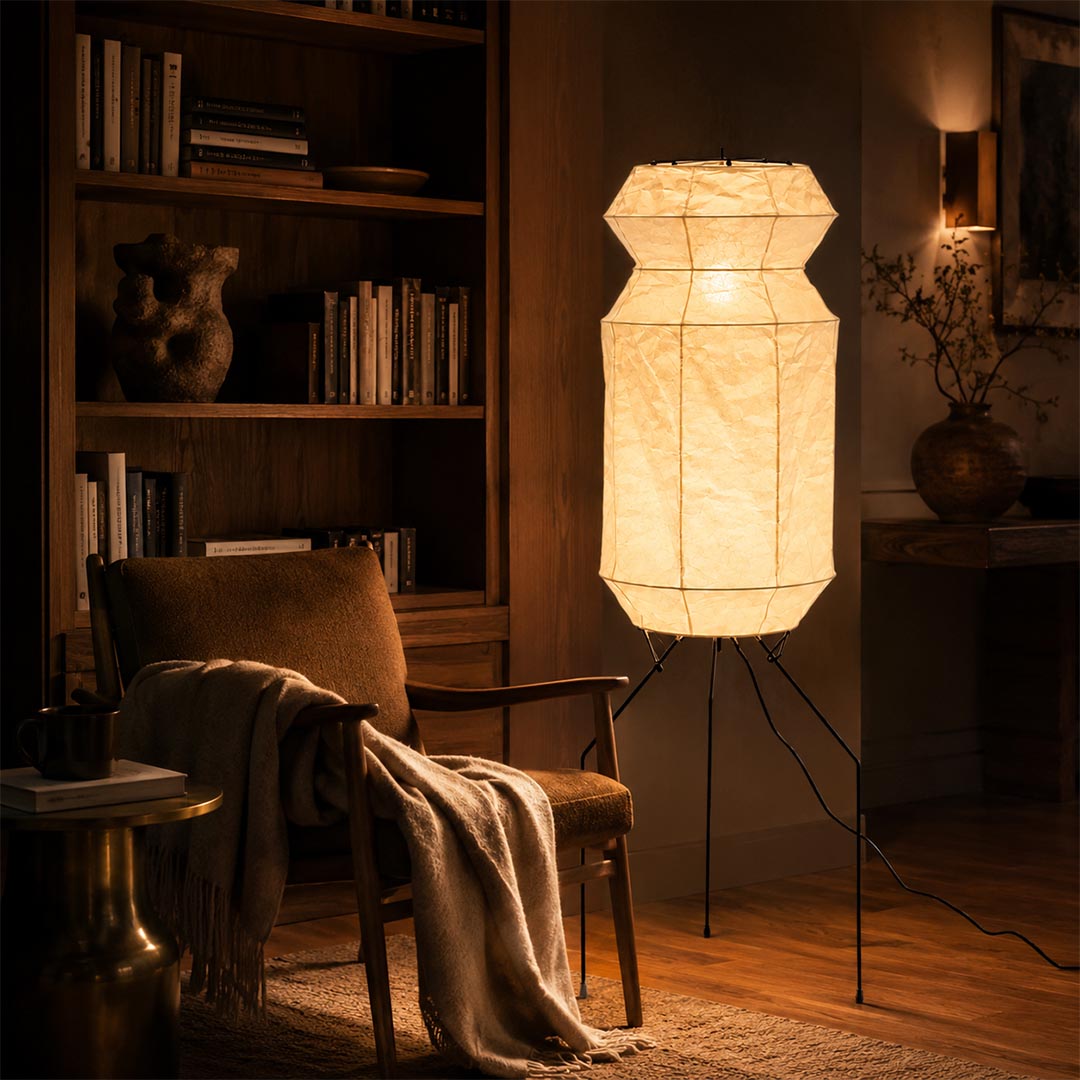 Warmly glowing Washi Paper UF3-L6 Floor Lamp creating an intimate reading space in a vintage dark wood library by Stuber Lighting.