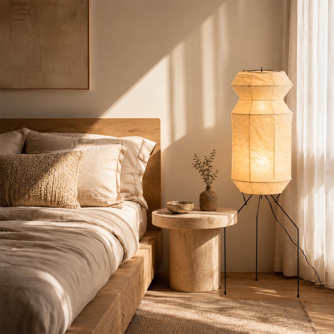 Beautiful morning shadows across a Wabi-Sabi bedroom featuring a Washi Paper UF3-L6 Floor Lamp as a bedside light by Stuber Lighting.
