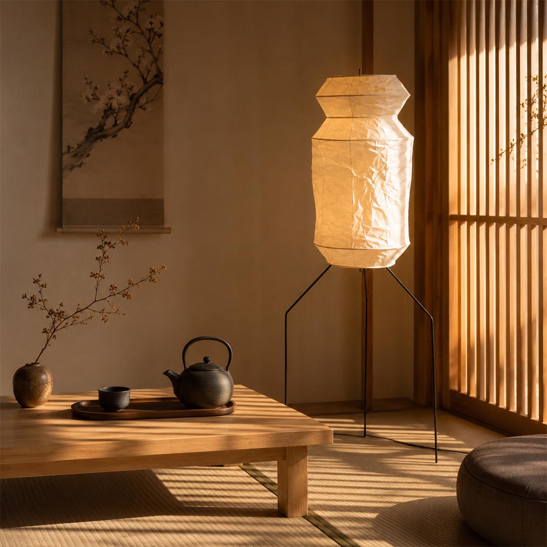 Zen style Washi Paper UF3-L6 Floor Lamp illuminating a traditional Japanese tatami tea room with shoji screens by Stuber Lighting.