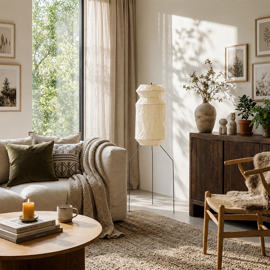 Washi Paper UF3-L6 Lantern Floor Lamp styled in a bright, modern Scandinavian living room setup by Stuber Lighting.