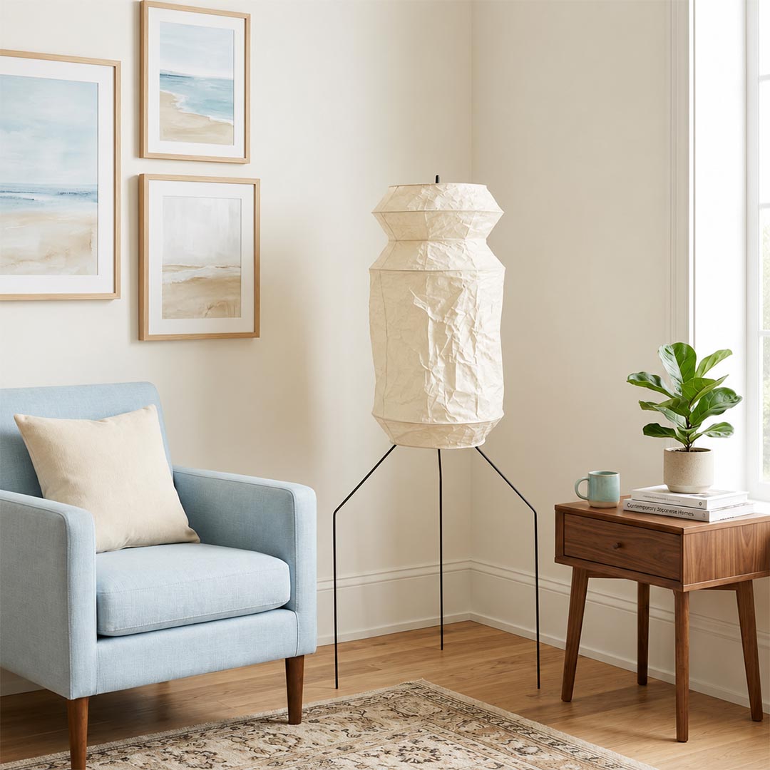 Airy living space with a tall Washi Paper UF3-L6 Tripod Lamp next to a light blue accent armchair by Stuber Lighting.