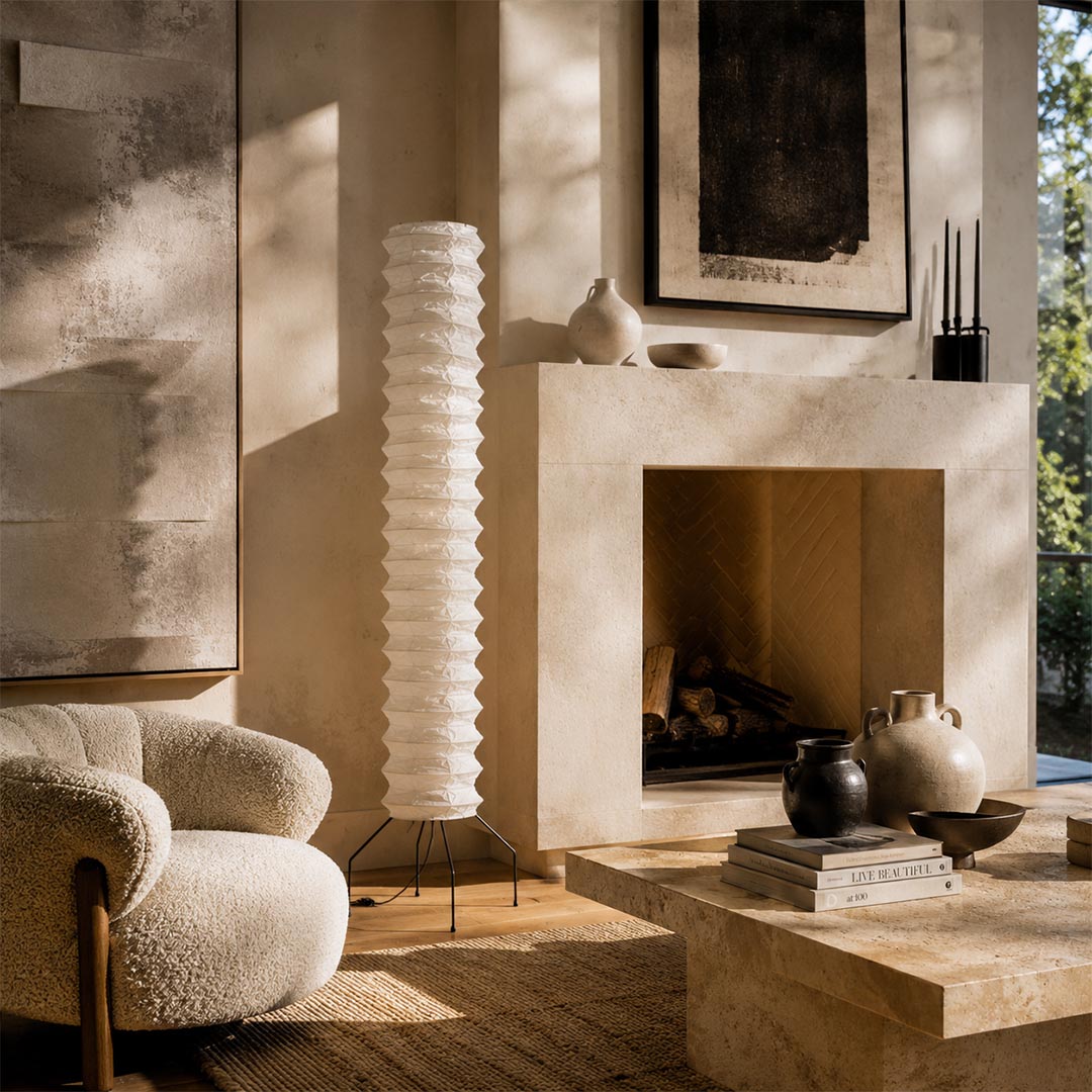 Tall Washi Paper UF4-31N Floor Lamp illuminating a serene corner next to a modern fireplace and armchair by Stuber Lighting.
