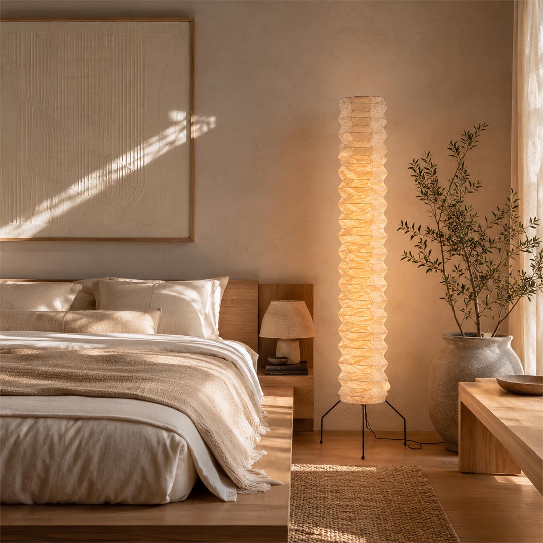 A cozy Japandi reading nook featuring a glowing Washi Paper UF4-31N Floor Lamp next to a plush lounge chair and wooden shelves by Stuber Lighting.