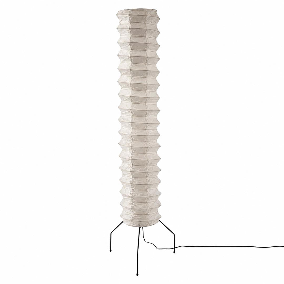 Clean studio shot of the unlit layered cylindrical shade of a Washi Paper UF4-31N Floor Lamp on a white backdrop by Stuber Lighting.