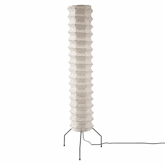 Clean studio shot of the unlit layered cylindrical shade of a Washi Paper UF4-31N Floor Lamp on a white backdrop by Stuber Lighting.