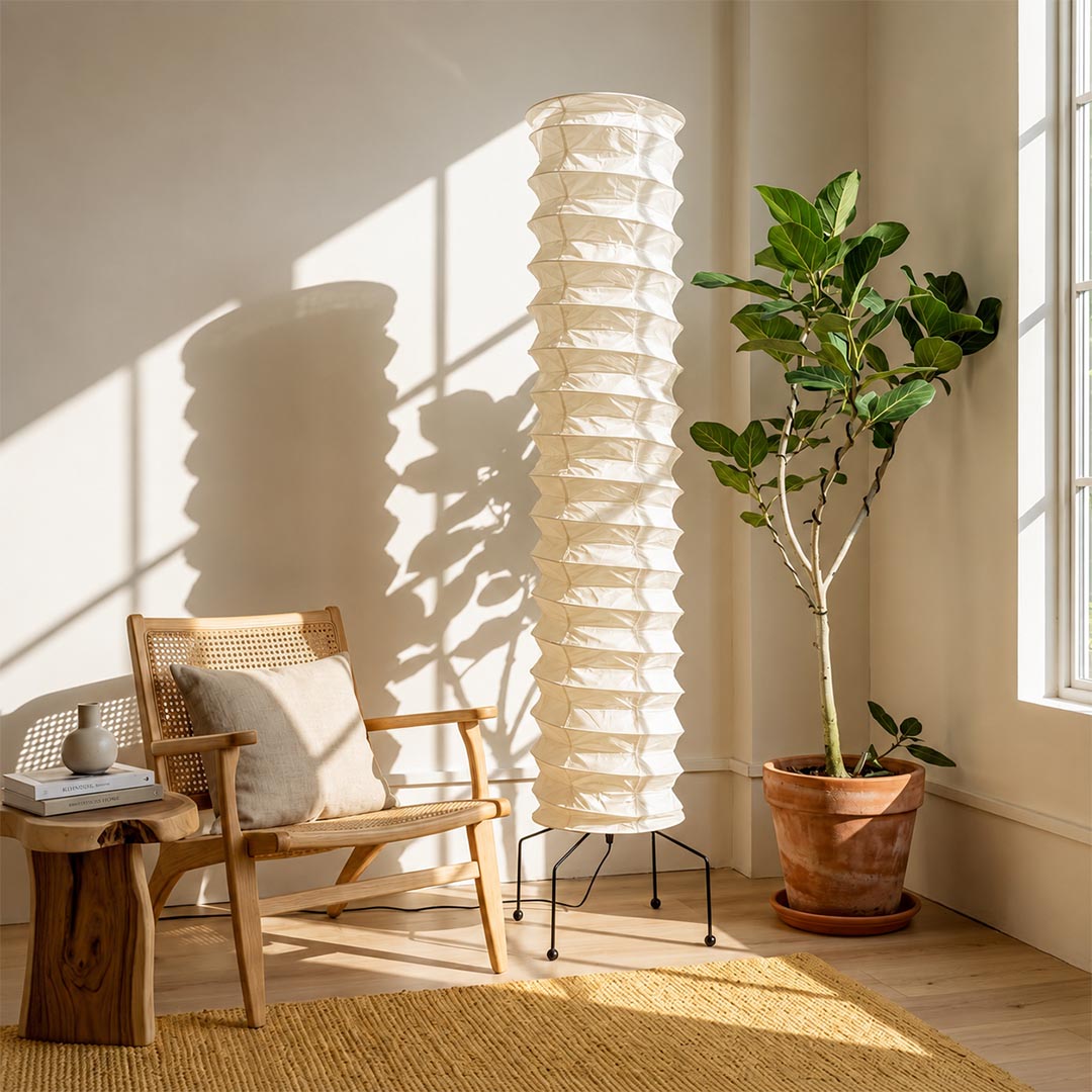 esthetic Washi Paper UF4-31N Ribbed Lantern Floor Lamp styled in a sun-drenched corner with a fiddle-leaf fig tree by Stuber Lighting.