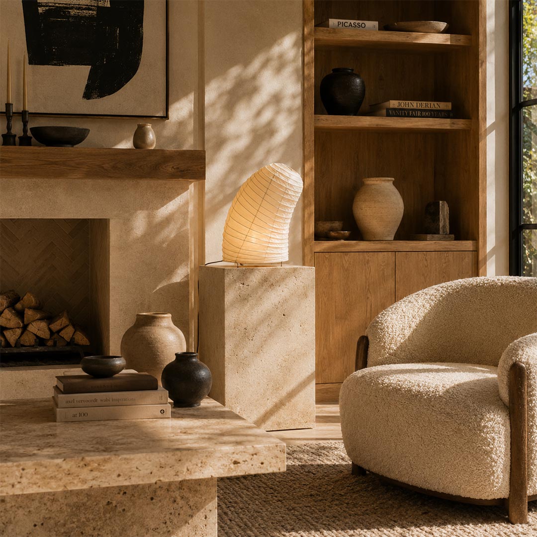Washi Paper VB-13T Slanted Lamp styled on a block pedestal side table next to a cozy living room fireplace by Stuber Lighting.