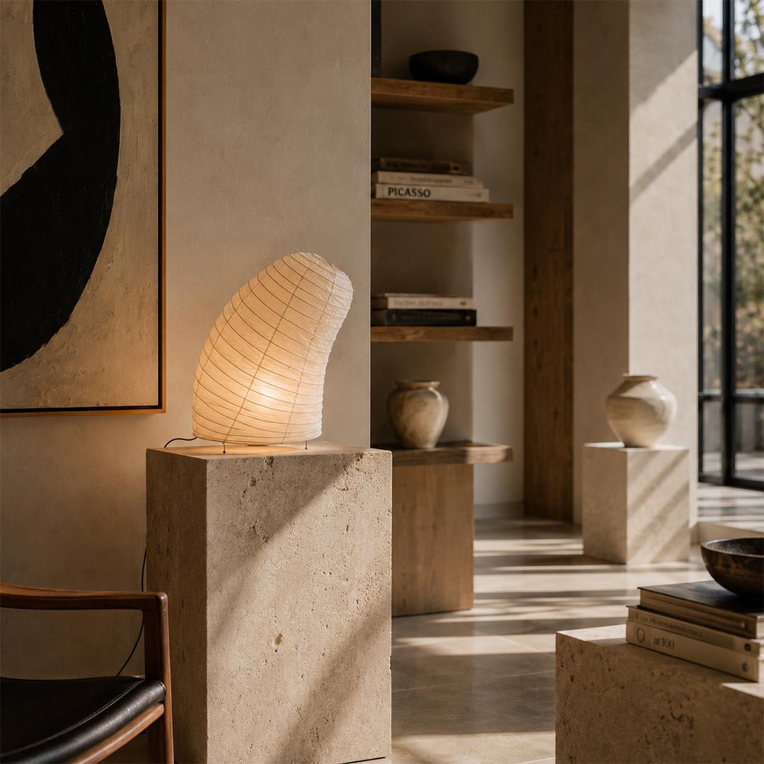 Slanted Washi Paper VB-13T Table Lamp showcased on a stone pedestal pillar in an organic modern interior by Stuber Lighting.
