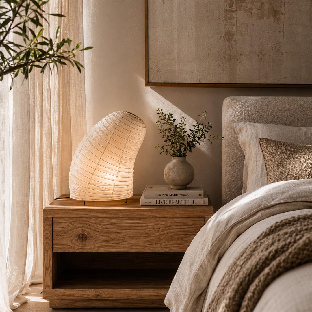 Sculptural Washi Paper VB-13T Table Lamp adding warm ambient light to a cozy neutral-toned bedroom layout by Stuber Lighting.