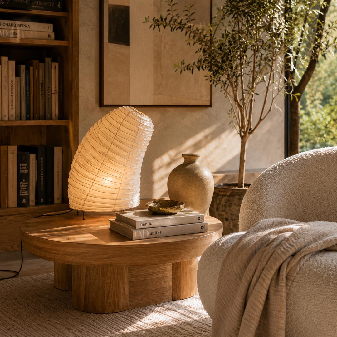 A welcoming reading corner featuring an organic Washi Paper VB-13T Lamp on a round coffee table near an armchair by Stuber Lighting.