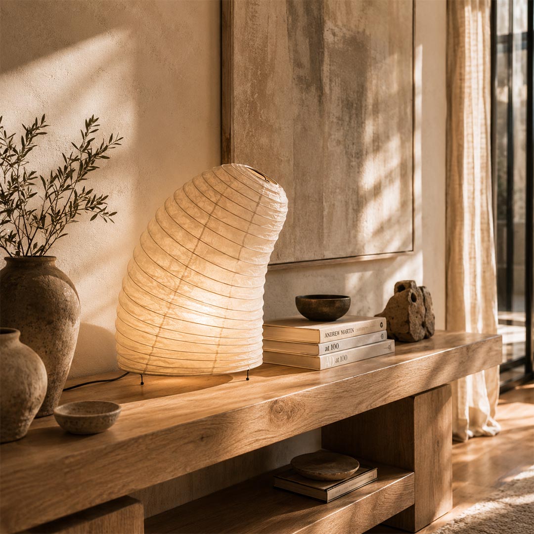 Ambient glow from a Washi Paper VB-13T Table Lamp on a heavy timber console table in a sunlit lounge by Stuber Lighting.