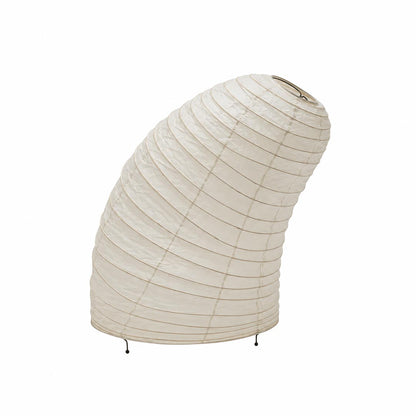 The minimalist curved horn silhouette of an unlit Washi Paper VB-13T Table Lamp on a white background by Stuber Lighting.