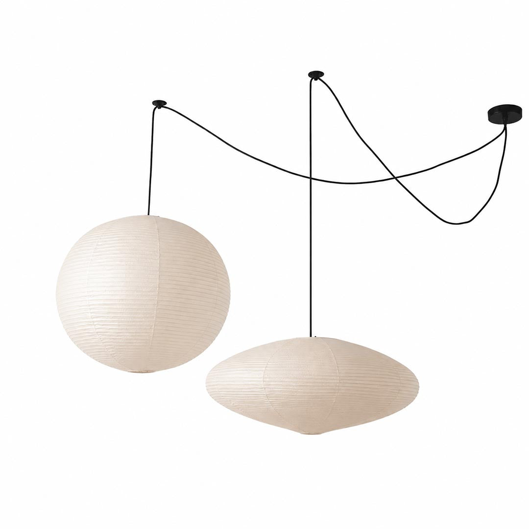 Clean studio shot of the unlit white ball and saucer shades of the Washi Paper Whimsy 2-Light Pendant set by Stuber Lighting.