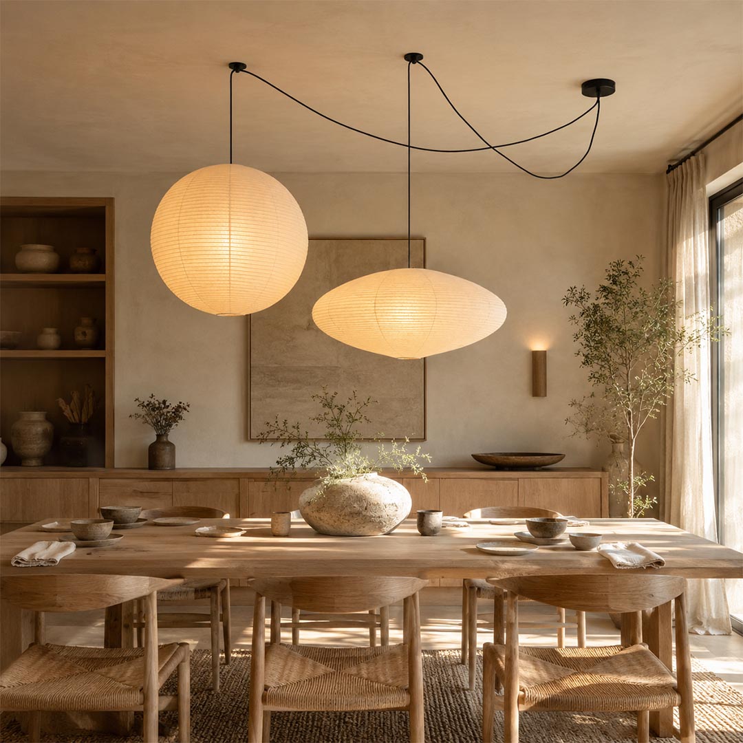 Organic modern Washi Paper Whimsy Multi-Light Pendant set centered over an elegant wooden dining table by Stuber Lighting.
