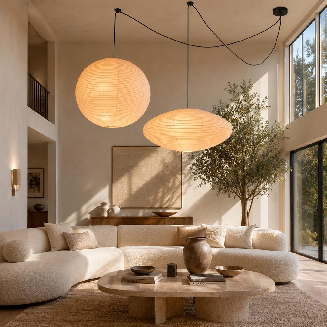 Dramatic 2-light Washi Paper Whimsy Pendant Light hanging in a luxurious high-ceiling Wabi-Sabi living room by Stuber Lighting.