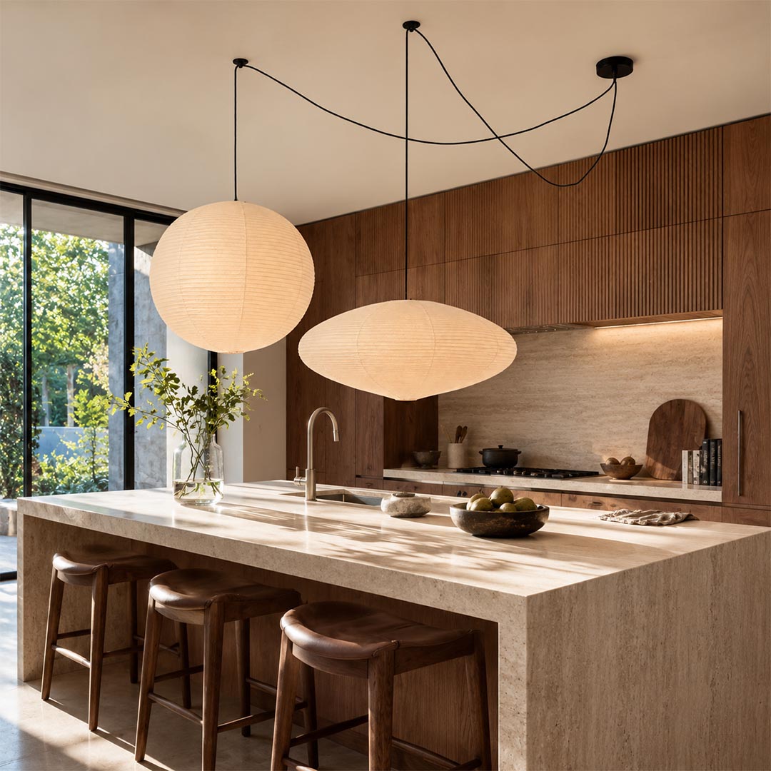 Aesthetic Washi Paper Whimsy Pendant Light hanging above a modern wooden kitchen island with bar stools by Stuber Lighting.