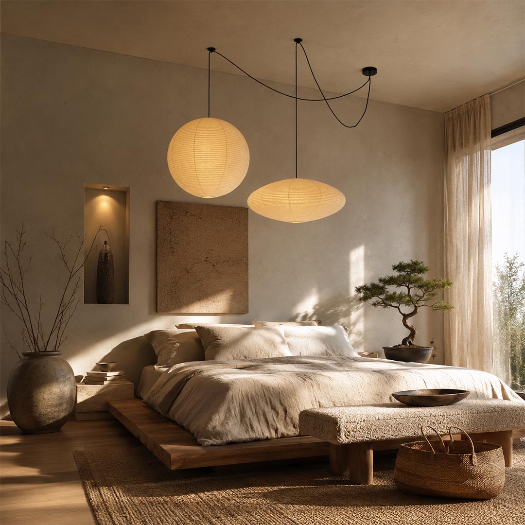 Sculptural Washi Paper Whimsy Pendant Light adding a relaxing ambient glow over a wooden platform bed in a bedroom by Stuber Lighting.