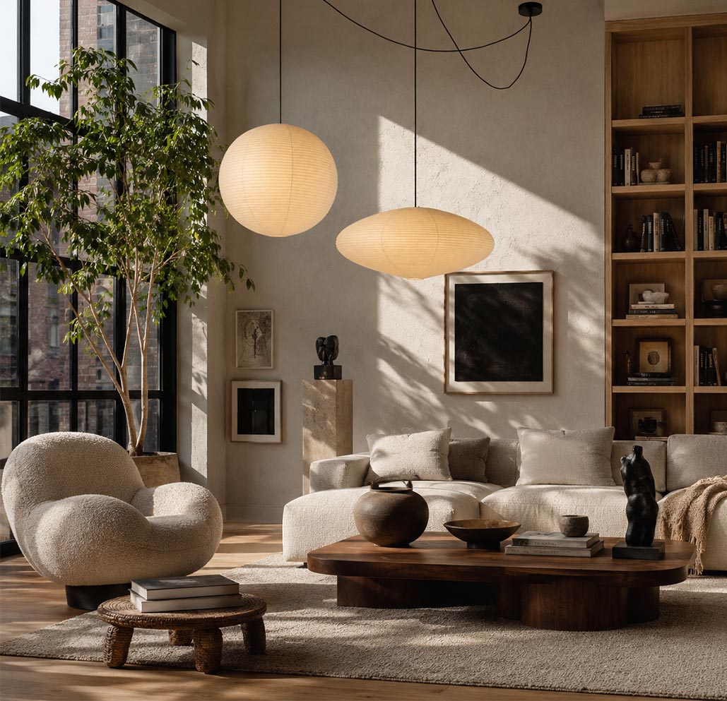 Sun-drenched Japandi lounge layout featuring the 2-light Washi Paper Whimsy Spider Pendant Lamp combo by Stuber Lighting.