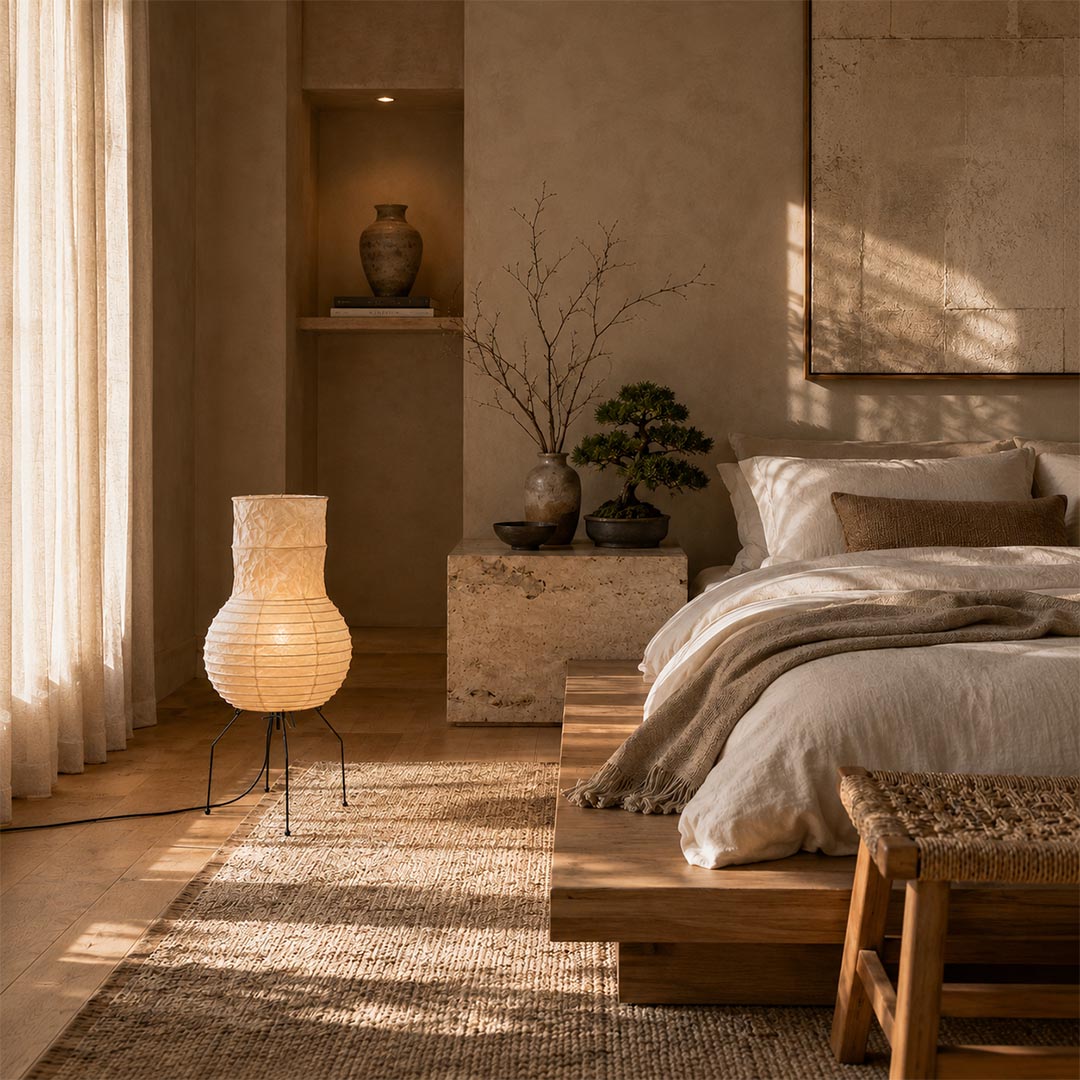 Serene bedroom interior featuring a tall vase-shaped Washi Paper Zara Floor Table Lamp on wooden floorboards by Stuber Lighting.