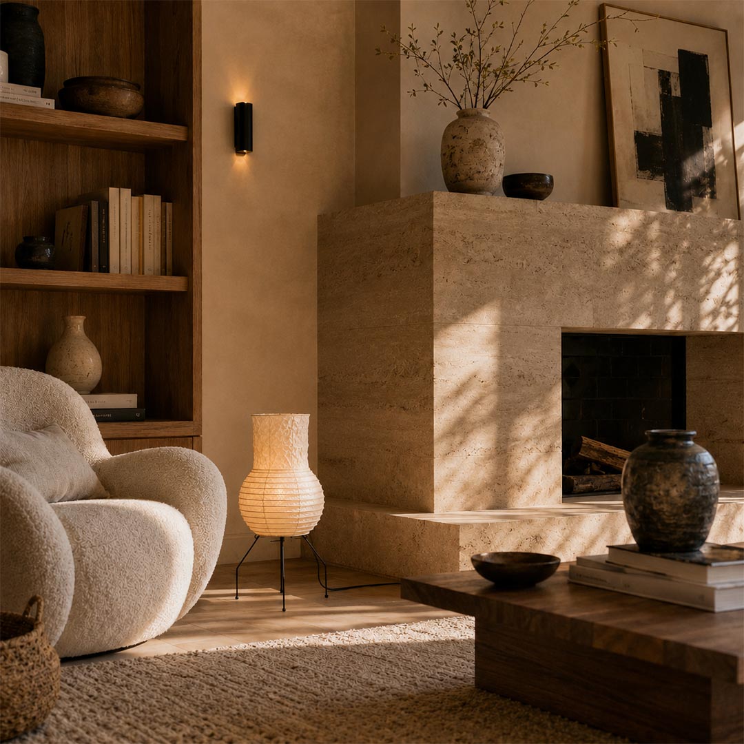 Washi Paper Zara Gourd Lamp casting an organic soft glow next to a living room fireplace and armchair by Stuber Lighting.
