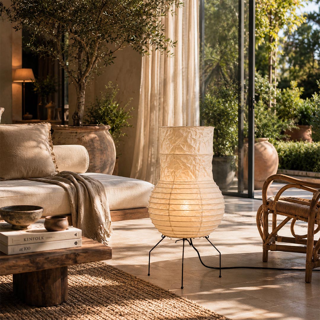 Minimalist Washi Paper Zara Table Lamp completing a sun-drenched lounge room layout by a garden window by Stuber Lighting.