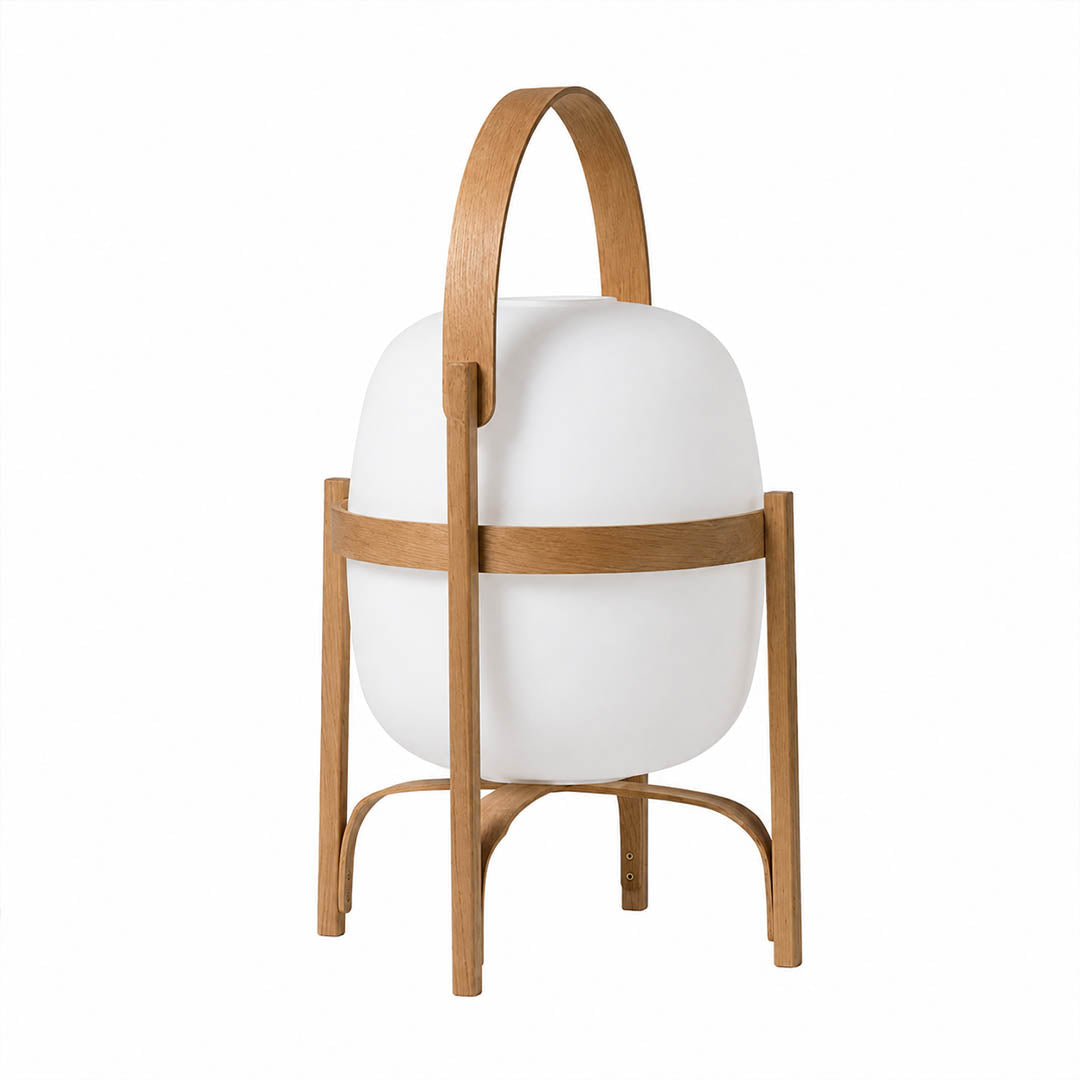 Wynne portable lantern glass table lamp Ash Wood light pale handle 10 inch cordless rechargeable Mid Century modern Scandinavian white background