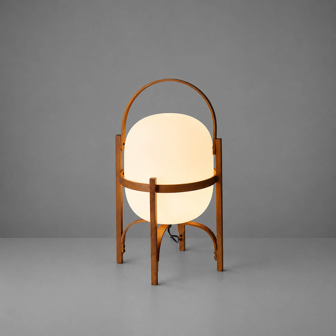 Wynne portable lantern glass table lamp Walnut wood handle cordless rechargeable Mid Century modern white background
