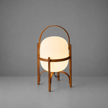 Wynne portable lantern glass table lamp Walnut wood handle cordless rechargeable Mid Century modern white background